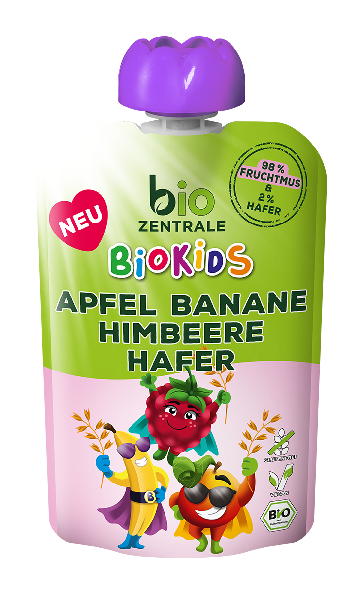 BioKids Fruchtmus Apfel Banane Himbeere Hafer